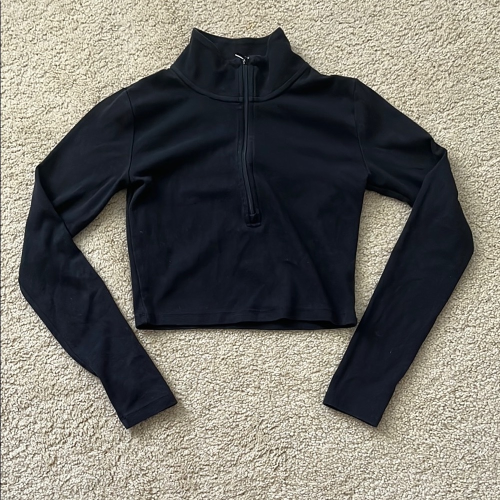 Sunday Best Black Long Sleeve Crop Top with Quarter Zip